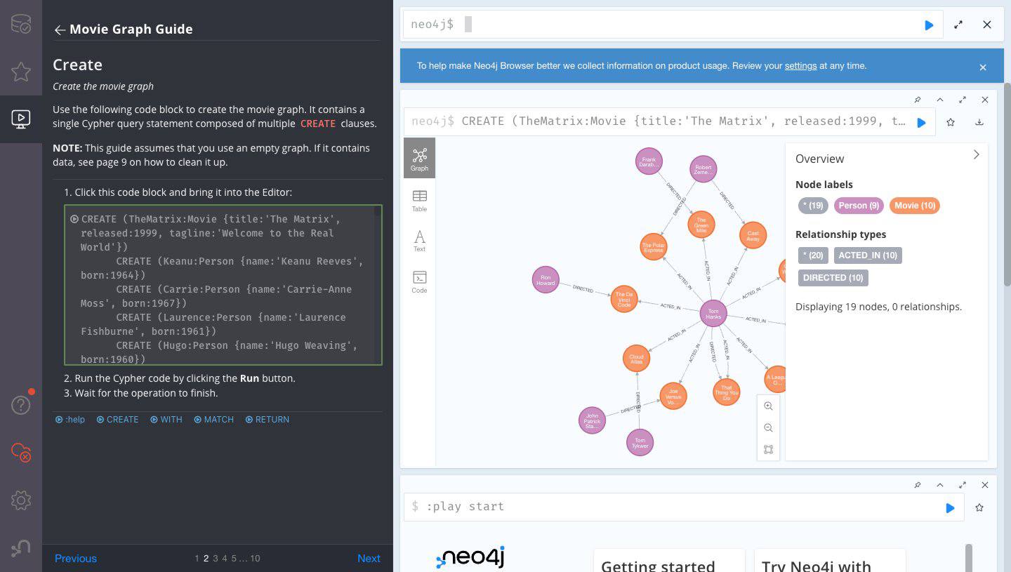 Step two of the Neo4j Browser Try Live Data tutorial.