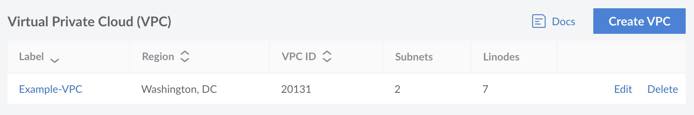 Screenshot of the VPC page in the Cloud Manager Screenshot of the VPC page in the Cloud Manager